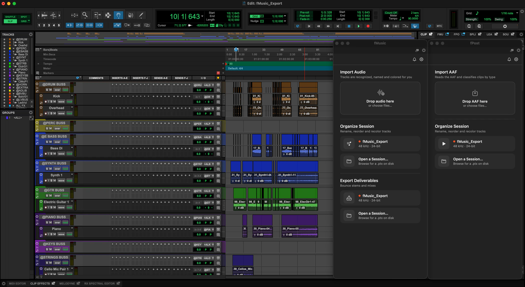 fMusic Extension and fPost Extension open beside a music session in Pro Tools